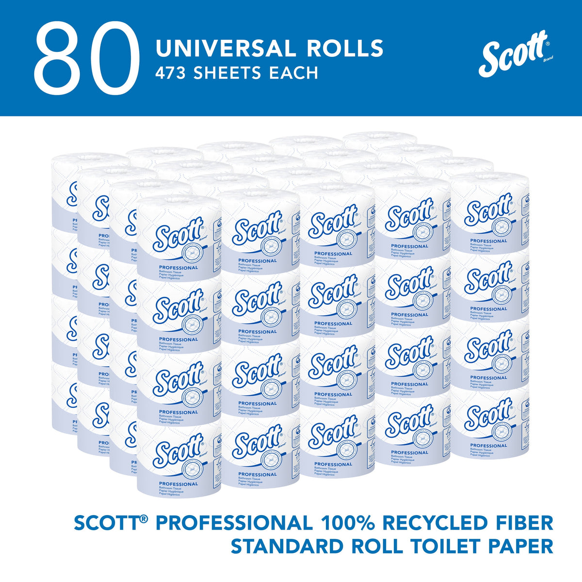 Scott® Professional 100% Recycled Fiber Standard Roll Toilet Paper, Bulk (13217), Elevated Design, 2-Ply, Individual Wrap (80 Rolls, 473 Sheets Each)