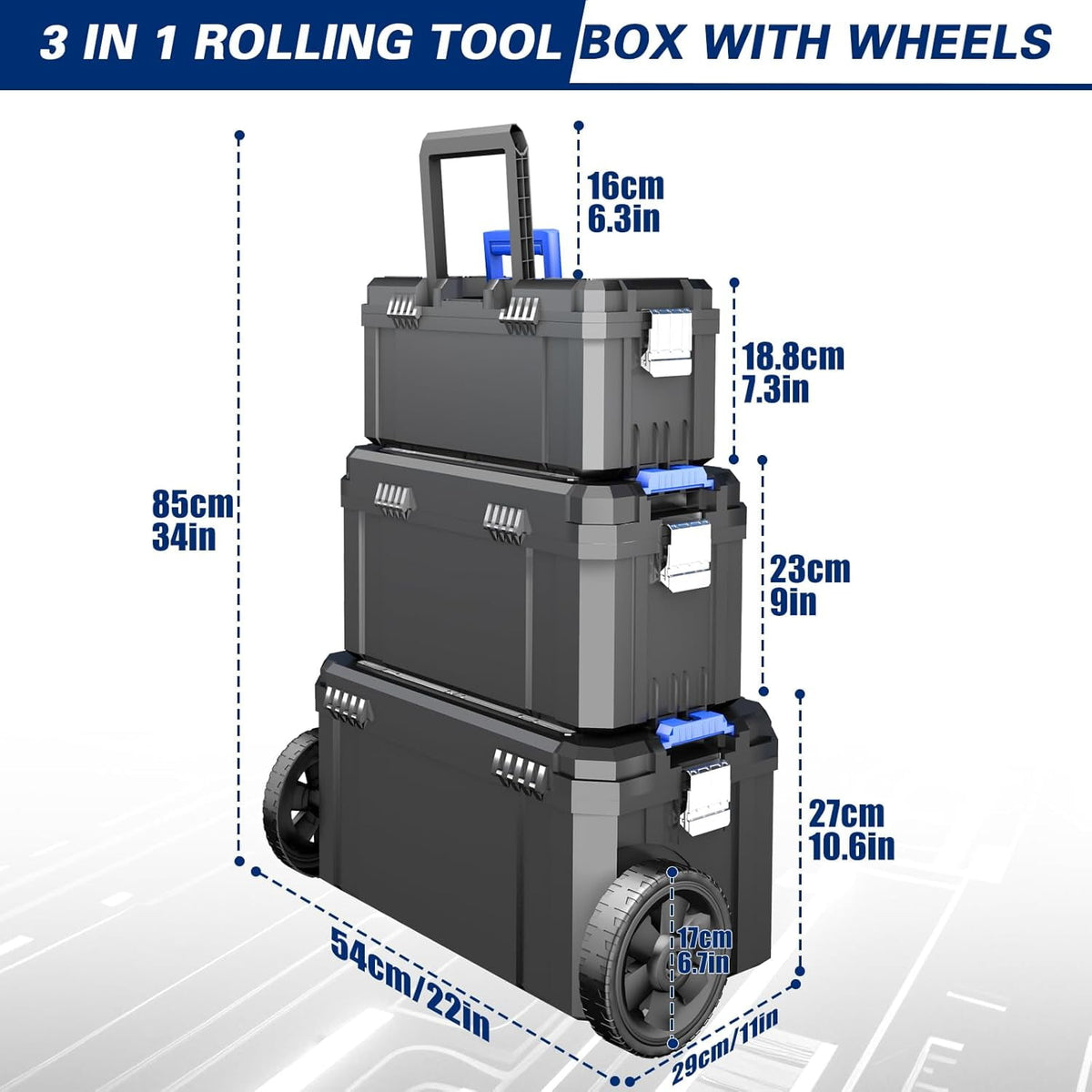 3 IN 1 Rolling Tool Box With Wheels,Stackable Modular Tool Storage Organizer & Removable Small Parts Trays for Garage Workshop Home Storage (17"+19"+21")