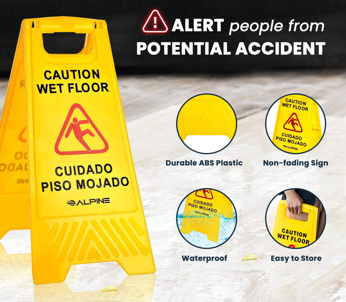 Alpine Wet Floor Signs 3 Pack - 24 Inch Caution Wet Floor Sign - Bilingual Safety Warning Sign to Easily Avoid Slippery Accidents in High Traffic Areas