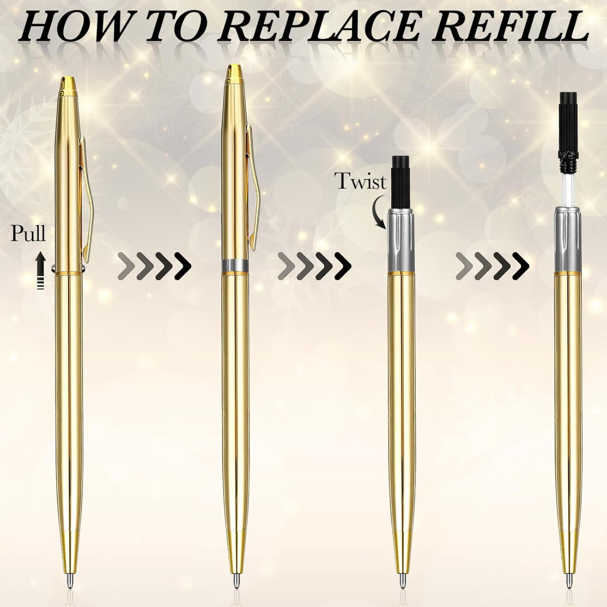 Qianfeng 25 Pack Bulk Gold Pens (2 Styles) Retractable Ballpoint Pens with Black Ink, 1.0mm Tip, Ideal for Wedding Favors and Office Business Use