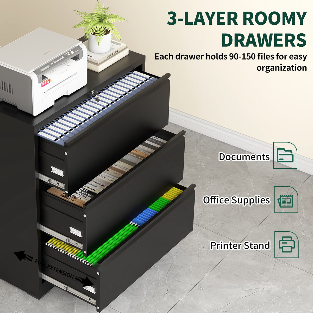 IKIMI 3-Drawer Lateral File Cabinet with Lock, 35.4" Wide Metal Filing Cabinet for Letter/Legal/A4 Files, Black