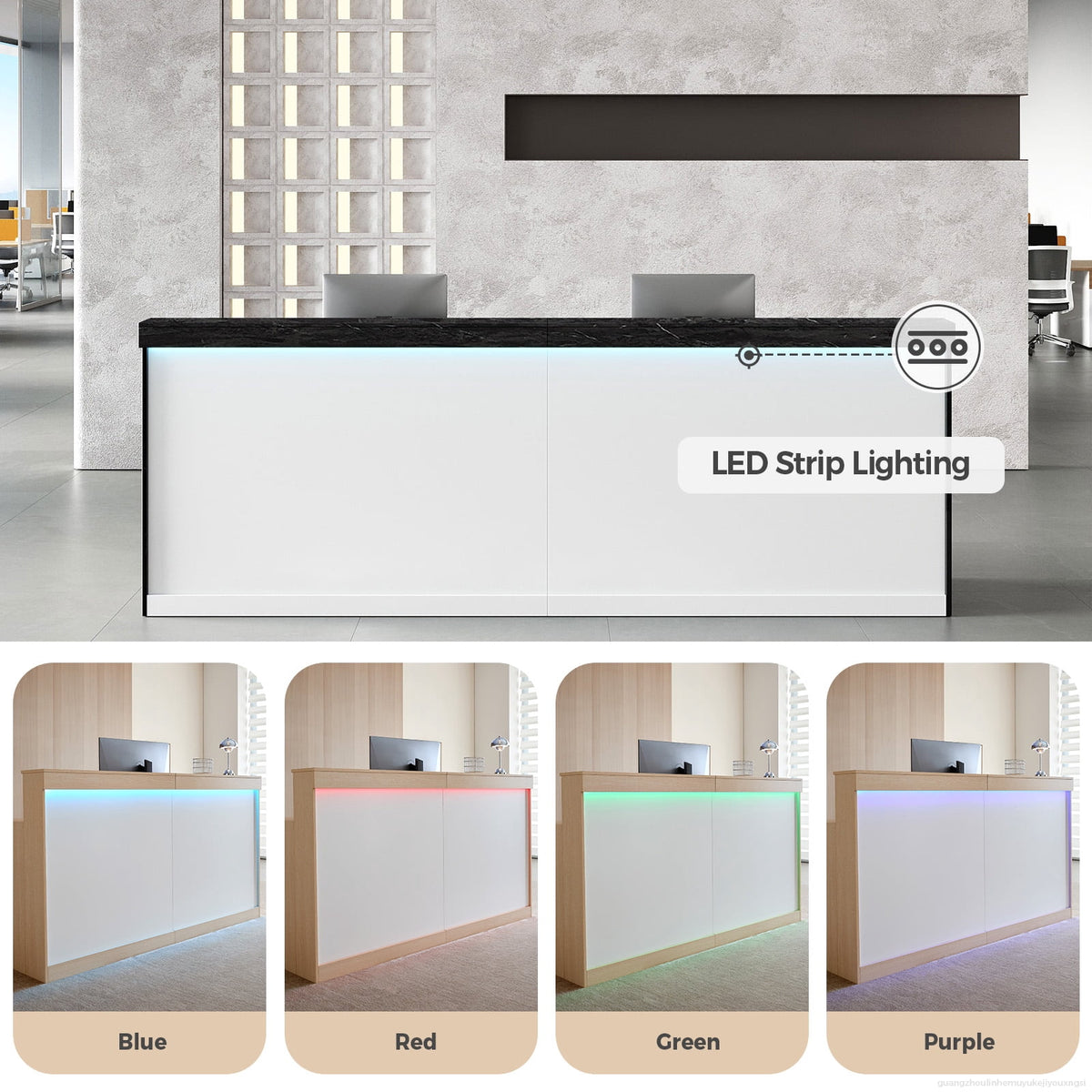Modern Ergonomic Reception Desk With LED Lighting（Black Grain & White; 71"L x 24"W x 39"H）