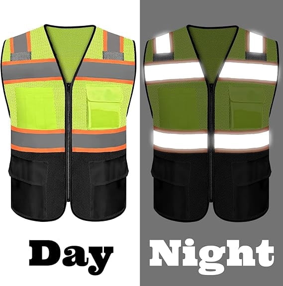 Safety Vest with 9 Pockets & Zipper Reflective High Visibility Vest Class 8 Outdoor Workwear Meets ANSI/ISEA