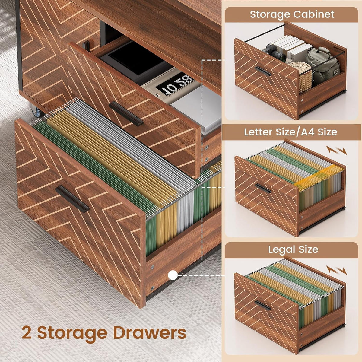 SEDETA 71" Executive Desk with Rolling File Cabinet, Large Office Desk with Drawers, L Shaped Computer Desk with Power Outlets, CPU Stand, Pegboard and Storage Shelves, Walnut