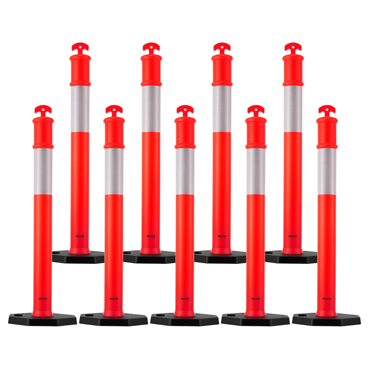 VEVOR 9 Pack Traffic Delineator Posts, 48 inches Traffic Safety Cones with Weighted Base and Reflective Strips, Heavy Duty Delineator Posts for Construction Site, Parking Lot, Crowd Control, Red
