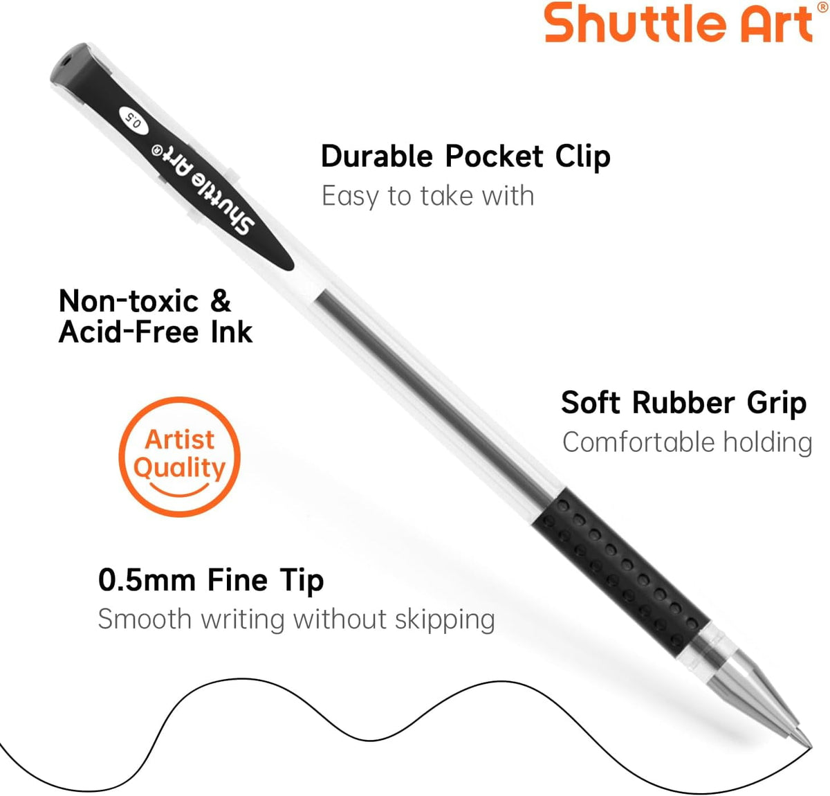 Permanent Black Gel Pens, Shuttle Art 50 Pack Fine Point Black Ink Pens Bulk, 0.5mm Rollerball Gel Ink Pens Smooth Writing with Comfortable Grip for Office
