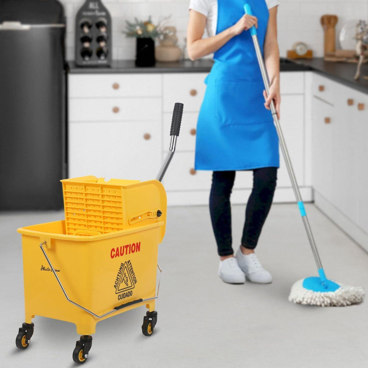 Commercial Mop Bucket with Wringer on Wheels, Heavy Duty Dual Chamber Industrial Mop Bucket Separate Dirty Water, Perfect for Business Household, Small 20 Quart Yellow