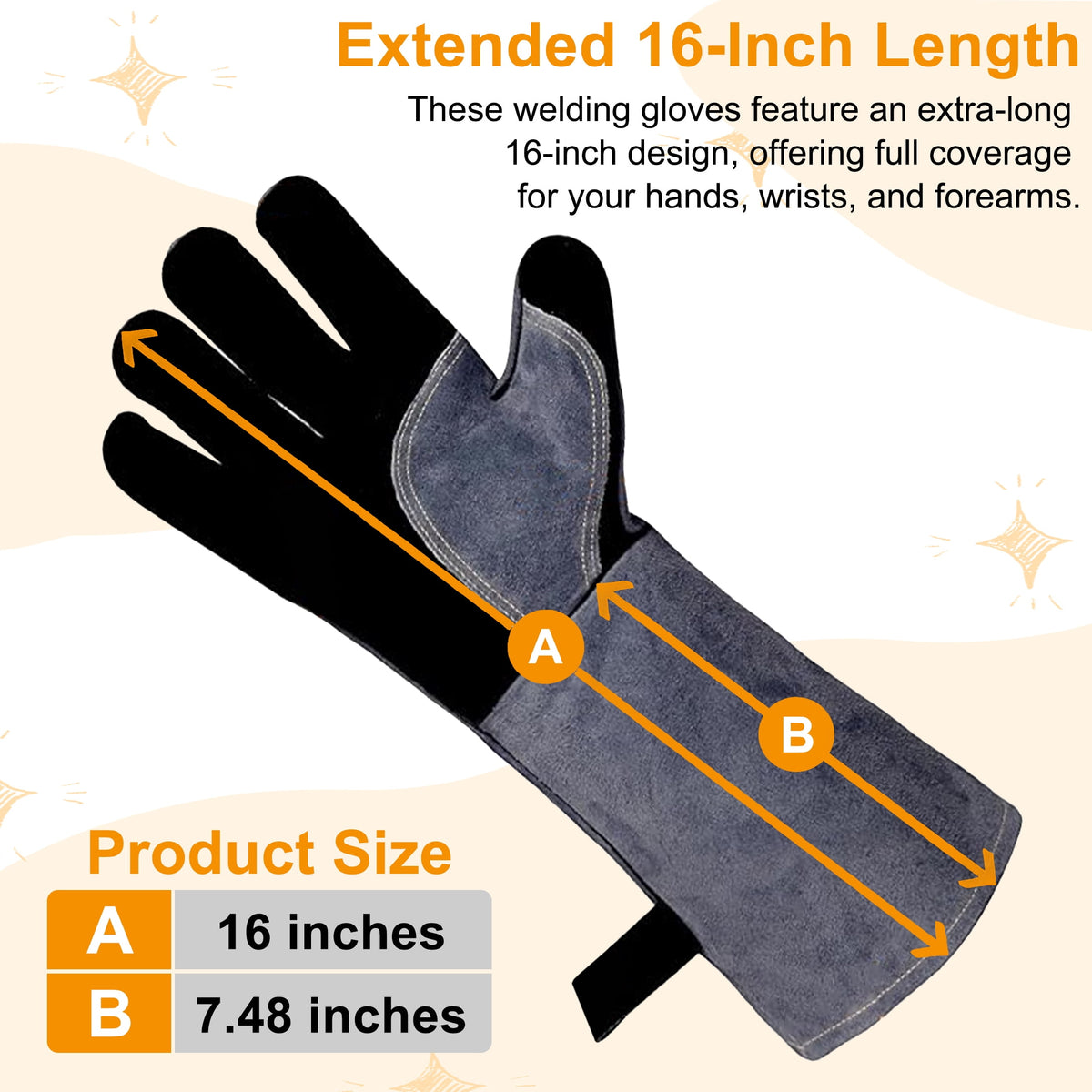 Cyrico Welding Gloves for Men, 16 Inch Leather Heat-Resistant Work Gloves with Reinforced Stitching for BBQ, Fireplace, Grill, Wood Stove, Yard Work, and Light Welding Tasks
