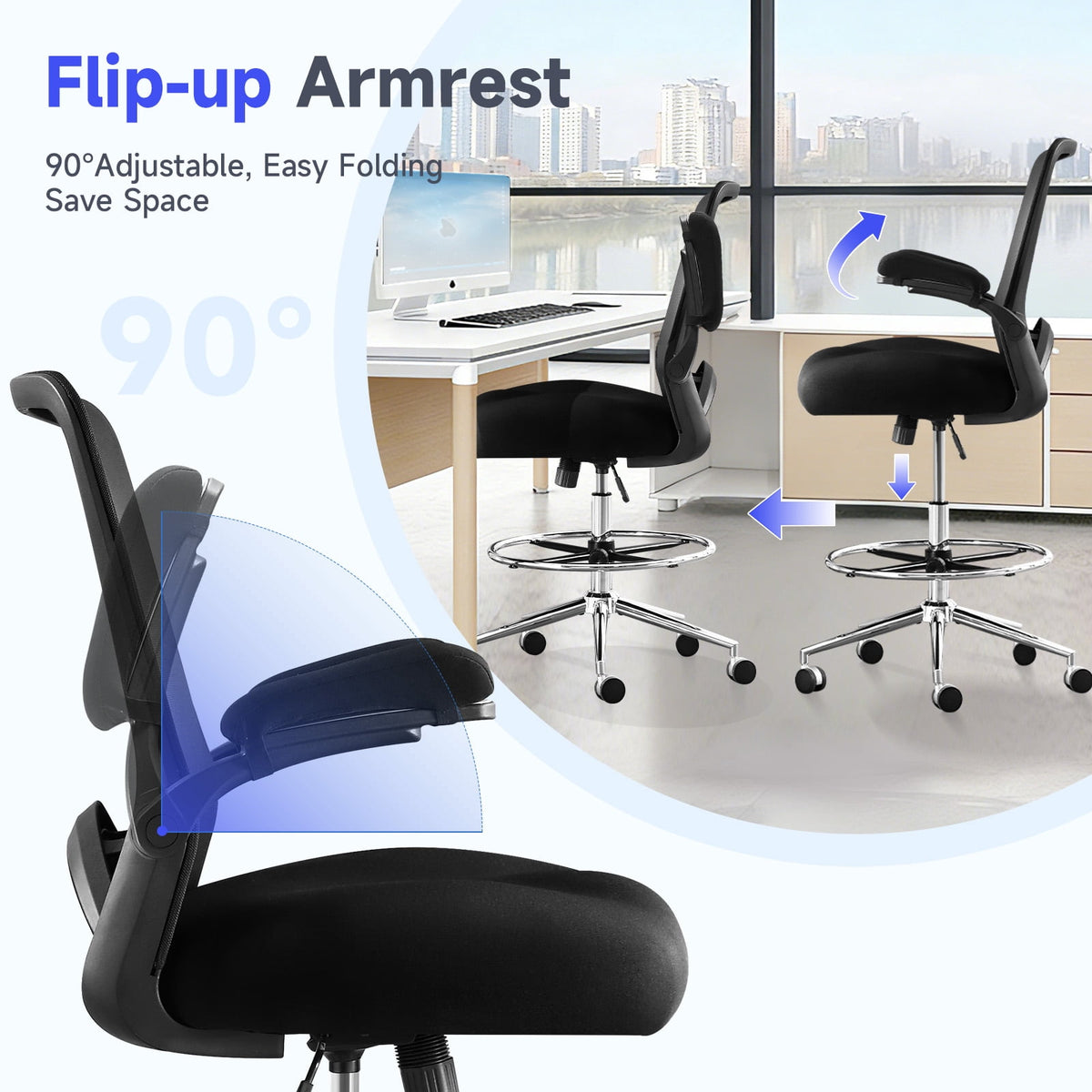 JONPONY 500lbs Big and Tall Office Chair with W-Shape Thicken Cushion, Ergonomic Office Chair with Flip-up Armrests, Breathable High Back Office Chair, Extra Wide Seat, Padded Armrests, Black
