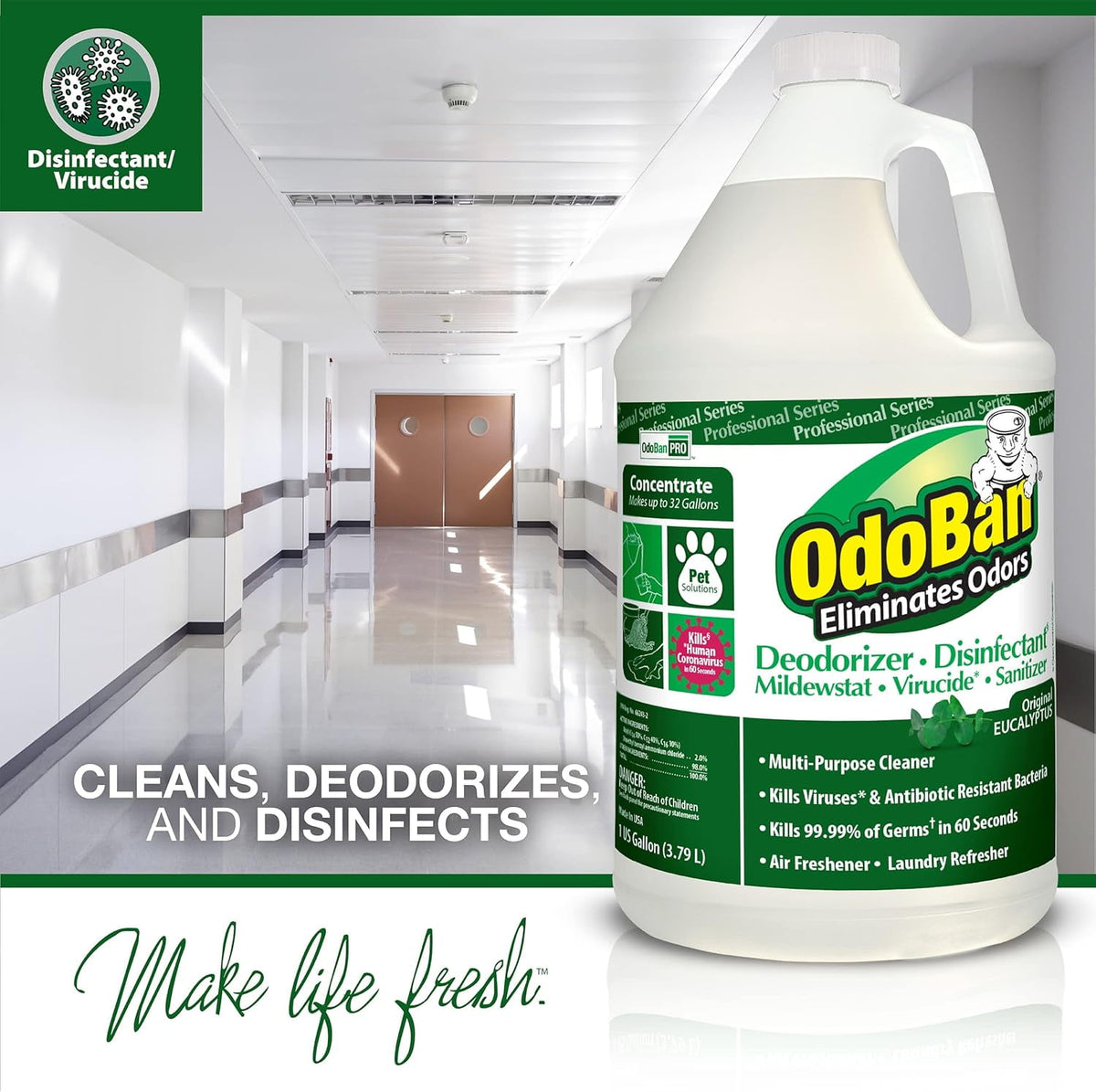 OdoBan Professional Disinfectant Cleaner and Odor Eliminator Concentrate, 2 Gallons, Original Eucalyptus Scent