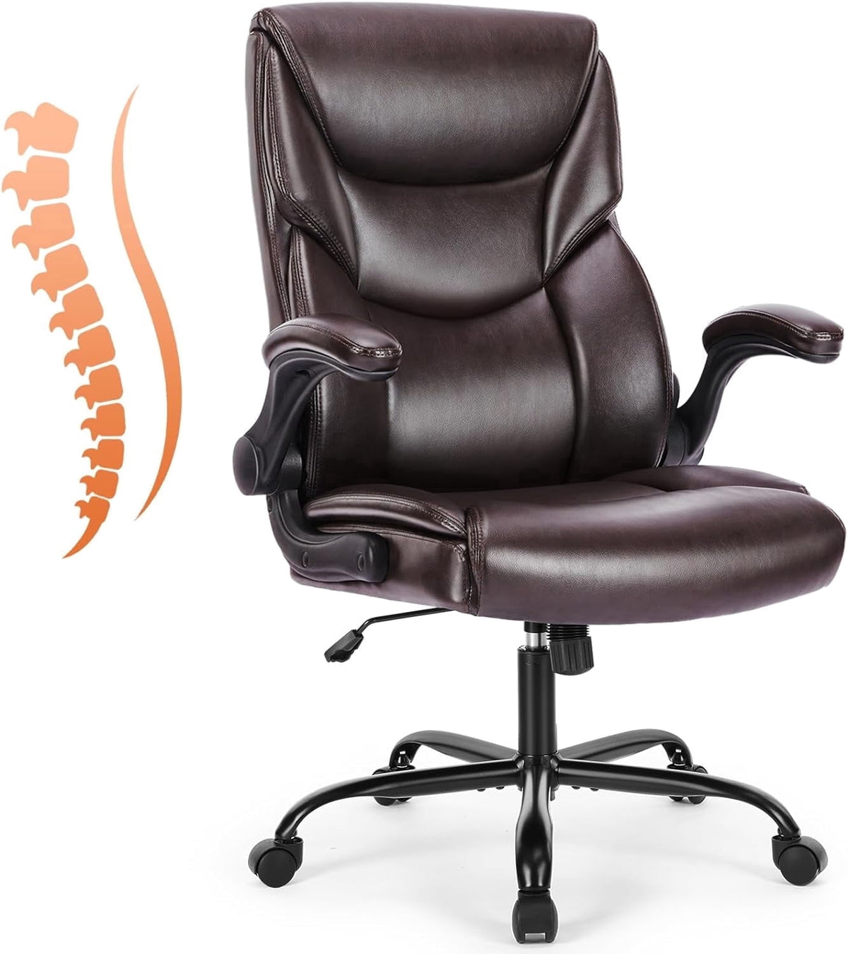 edx Computer Gaming Chair, Ergonomic High Back Heavy Duty Task Desk Office Chairs with Wheels, Flip-up Arms, Adjustable Height, PU Leather, Brown