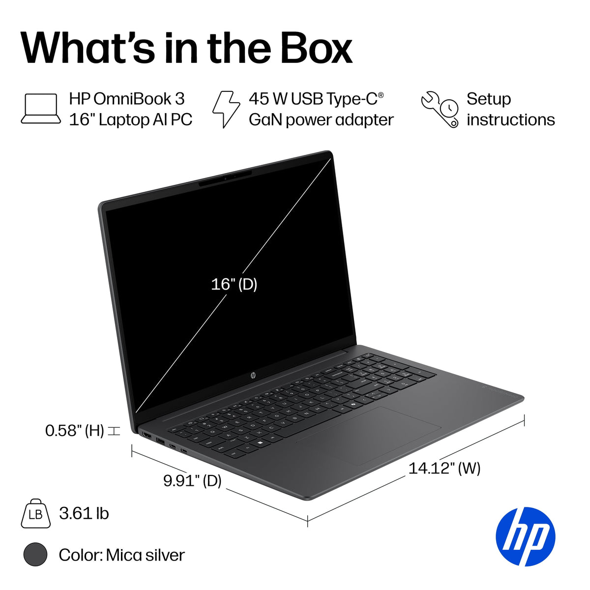 HP OmniBook 3 16 inch 2K IPS Windows Laptop AI PC Intel Core Ultra 7 255U 16GB 1TB SSD Mica Silver