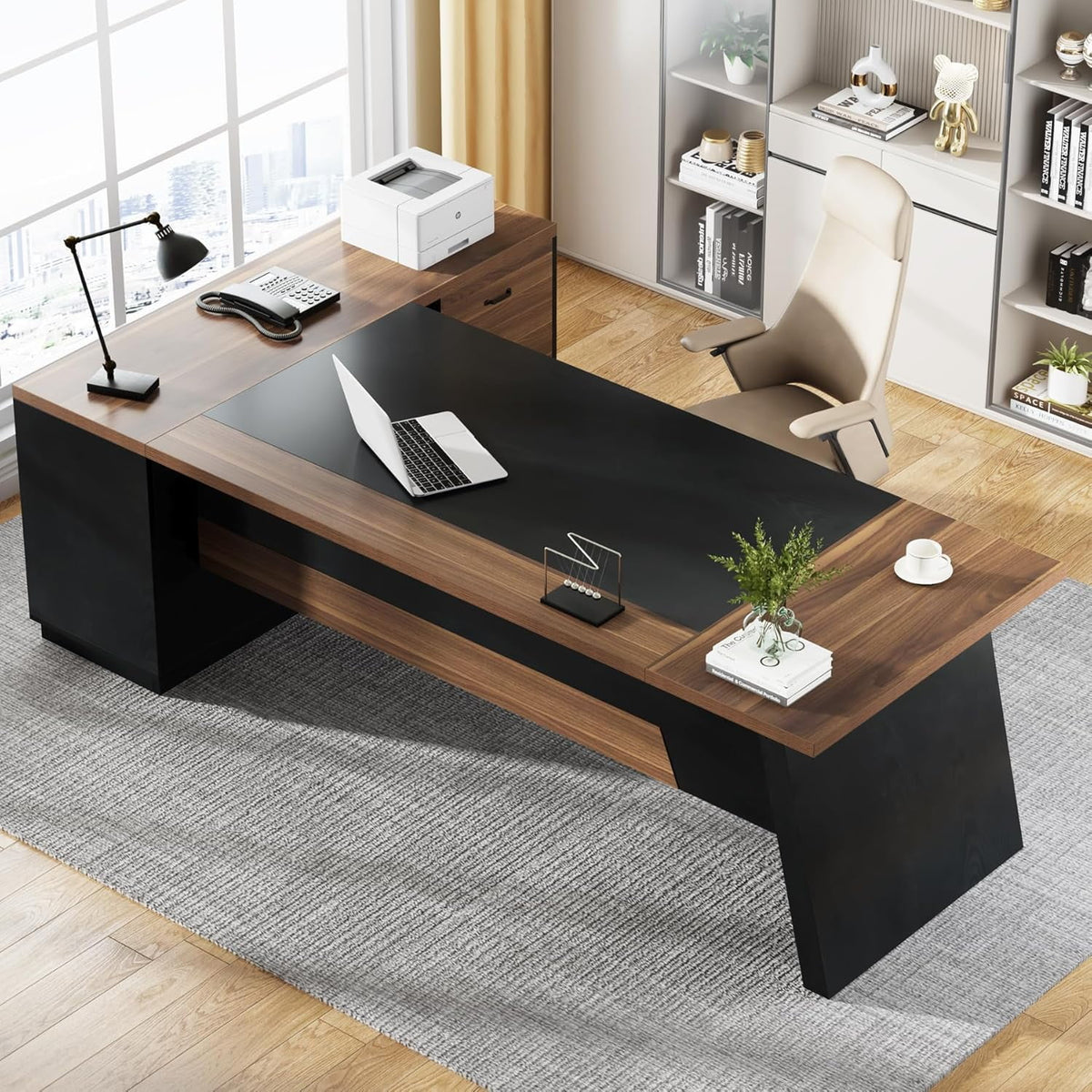 Tribesigns 78-Inch L-Shaped Executive Desk, Large Office Desk with Drawers and Lateral File Cabinet, Modern Computer Desk for Home Office, Light Walnut & Black