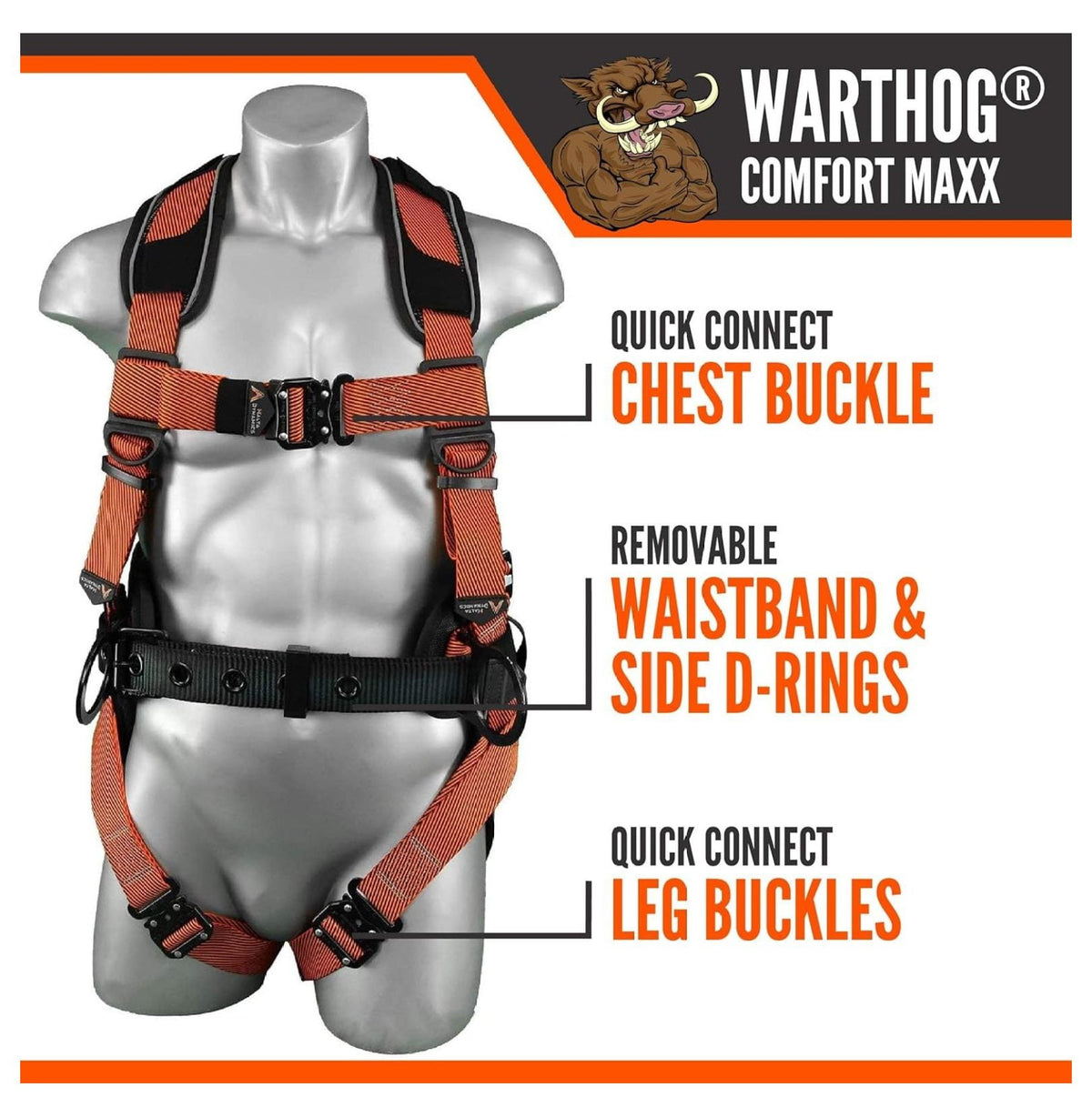 Warthog MAXX - Safety Harness for Construction – Fall Protection Equipment with Removable Belt and Lumbar Support, Side D-Rings, and Padding, OSHA & ANSI Compliant (L-XL)