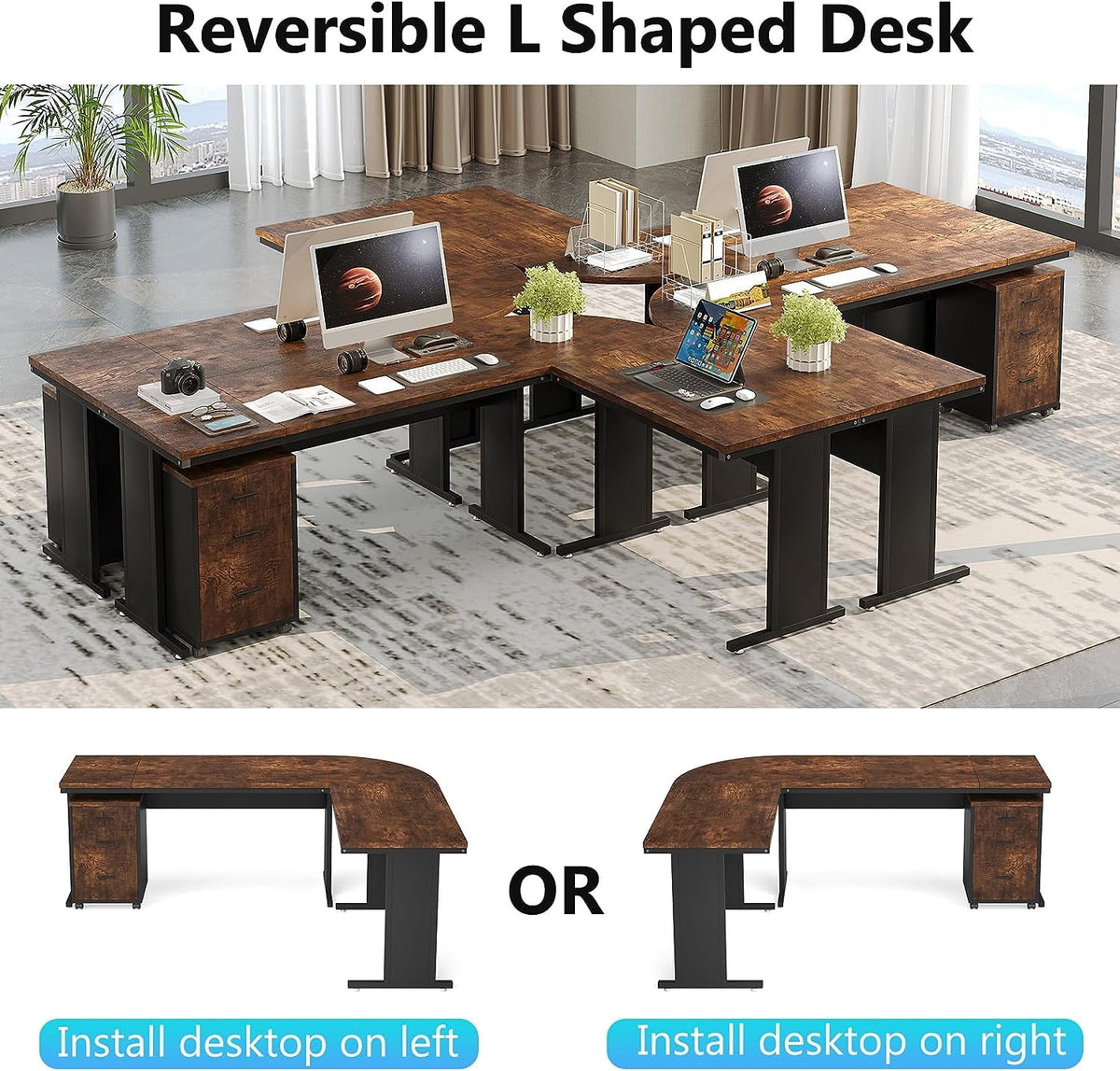 Tribesigns 83 Inch L-Shaped Office Desk, Large Executive Computer Desk with 3-Drawer File Cabinet, Industrial Corner Desk with Storage Drawers, Business Furniture Work Desk for Home Office (Brown)