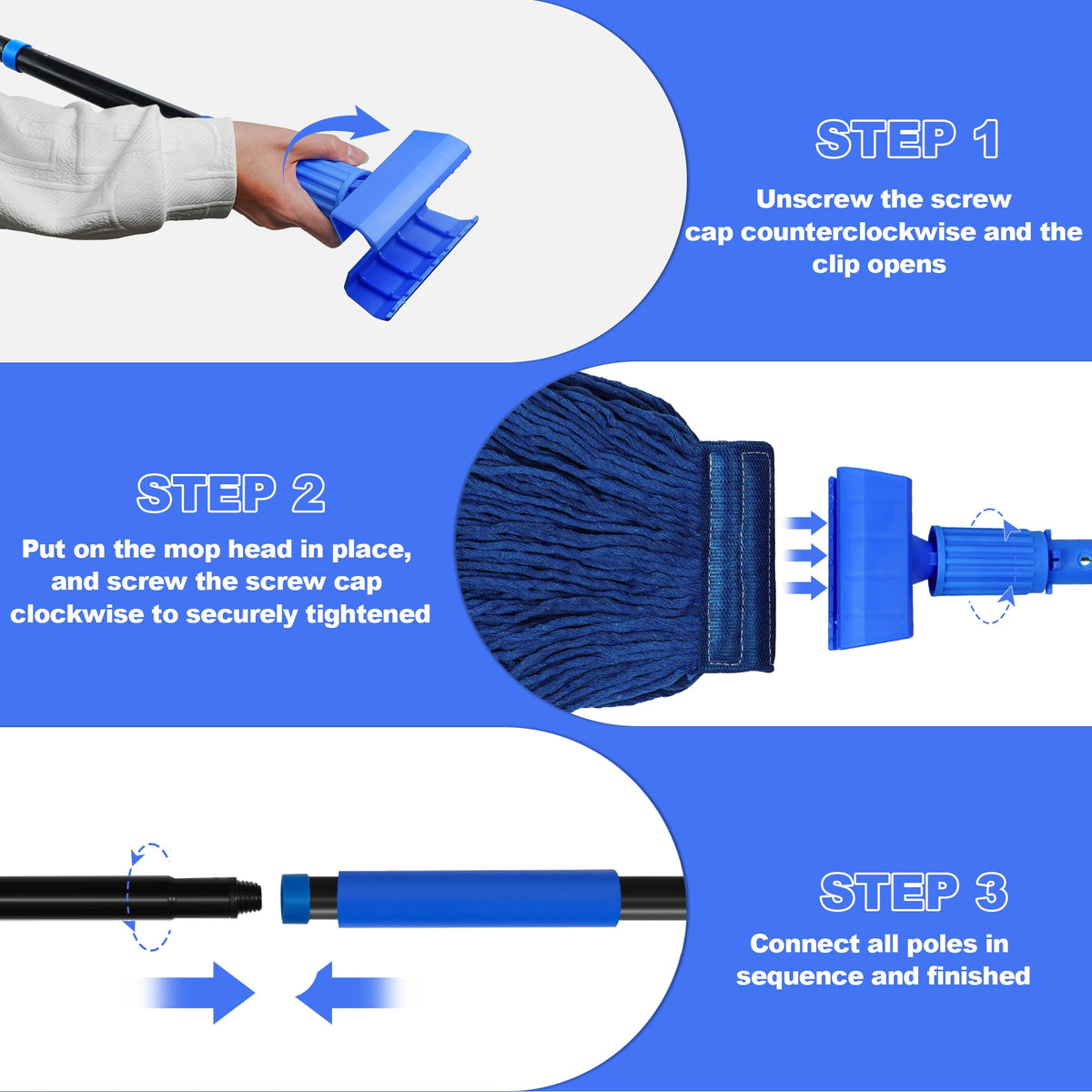 NEWE Commercial Mop for Floor Cleaning, Heavy Duty Industrial Mops with 55 inches Long Handle (Blue)