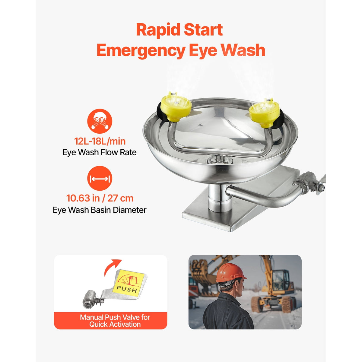 KFFKFF Emergency Eye Wash Station, Stainless Steel Wall-Mounted Eyewash Unit, First Aid Eye Wash Sink 16.14 x 12.99 x 9.45 Inches, Suitable for Laboratories, Factories, Schools, Construction Sites