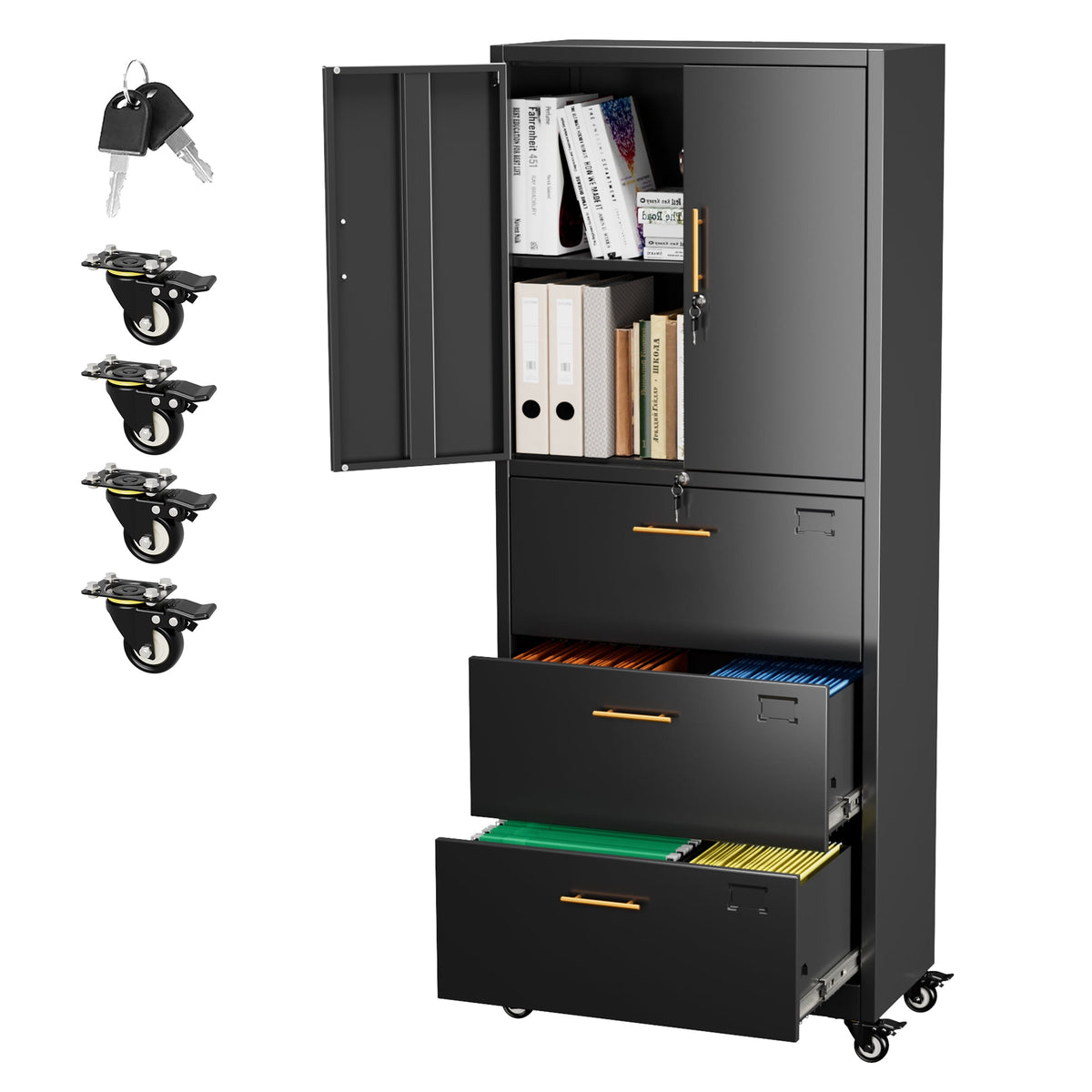 Aobabo 3 Drawer Metal Lateral File Cabinet with Wheels & Shelf , Wide Filing Cabinet with Lock for Office,Home,School,Garage,Fit A4/Letter/Legal File,Required-Assembly,Black