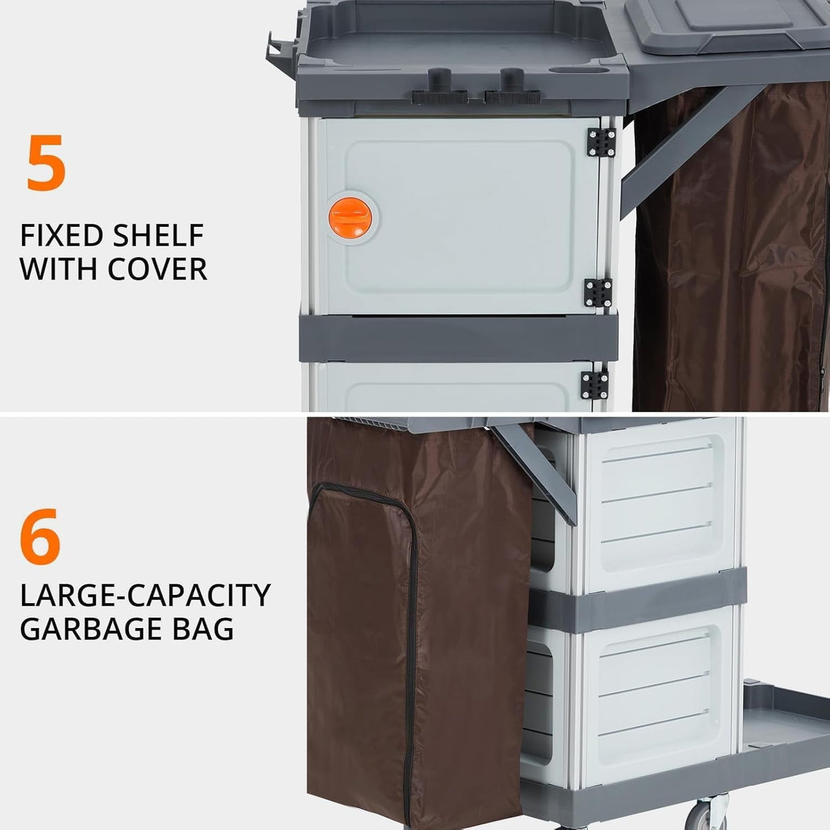 IdeaHouse Janitorial Cart with 2 Cabinets, 3-Shelf Commercial Cleaning Cart on Wheels with Cover & Vinyl Bag, Silent Casters, Heavy-Duty Housekeeping & Custodial Utility Cart