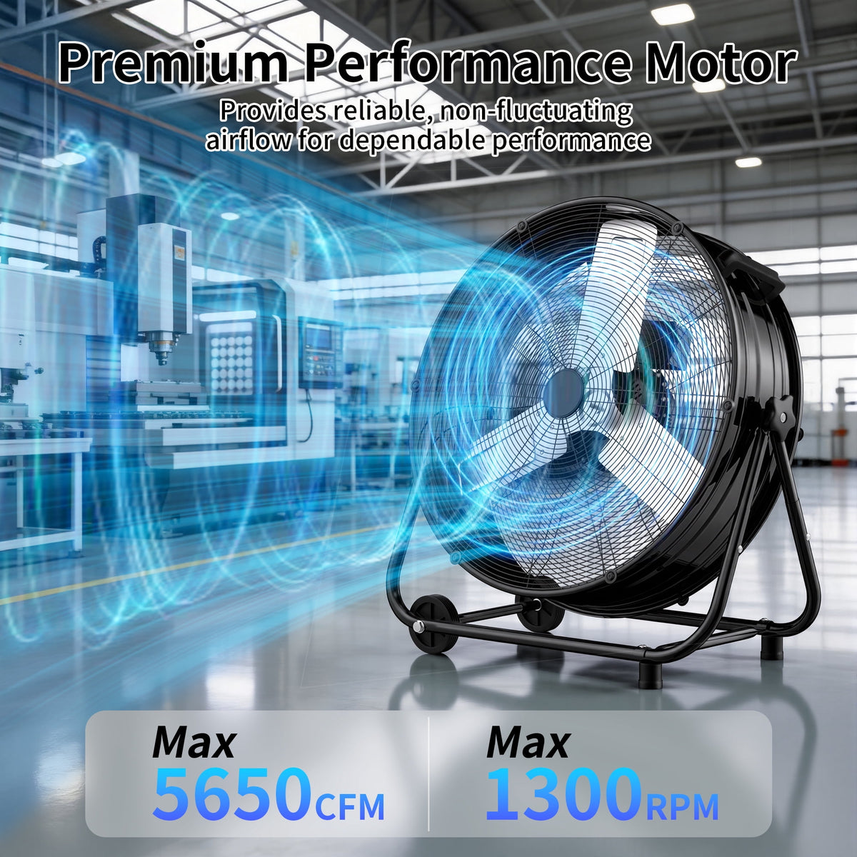 Industrial Drum Fan 24", High Velocity, 5650 CFM, 3-Speed, Heavy Duty Metal Fan for Commercial, Factory(Black)