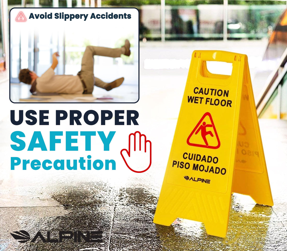 Alpine Wet Floor Signs 3 Pack - 24 Inch Caution Wet Floor Sign - Bilingual Safety Warning Sign to Easily Avoid Slippery Accidents in High Traffic Areas