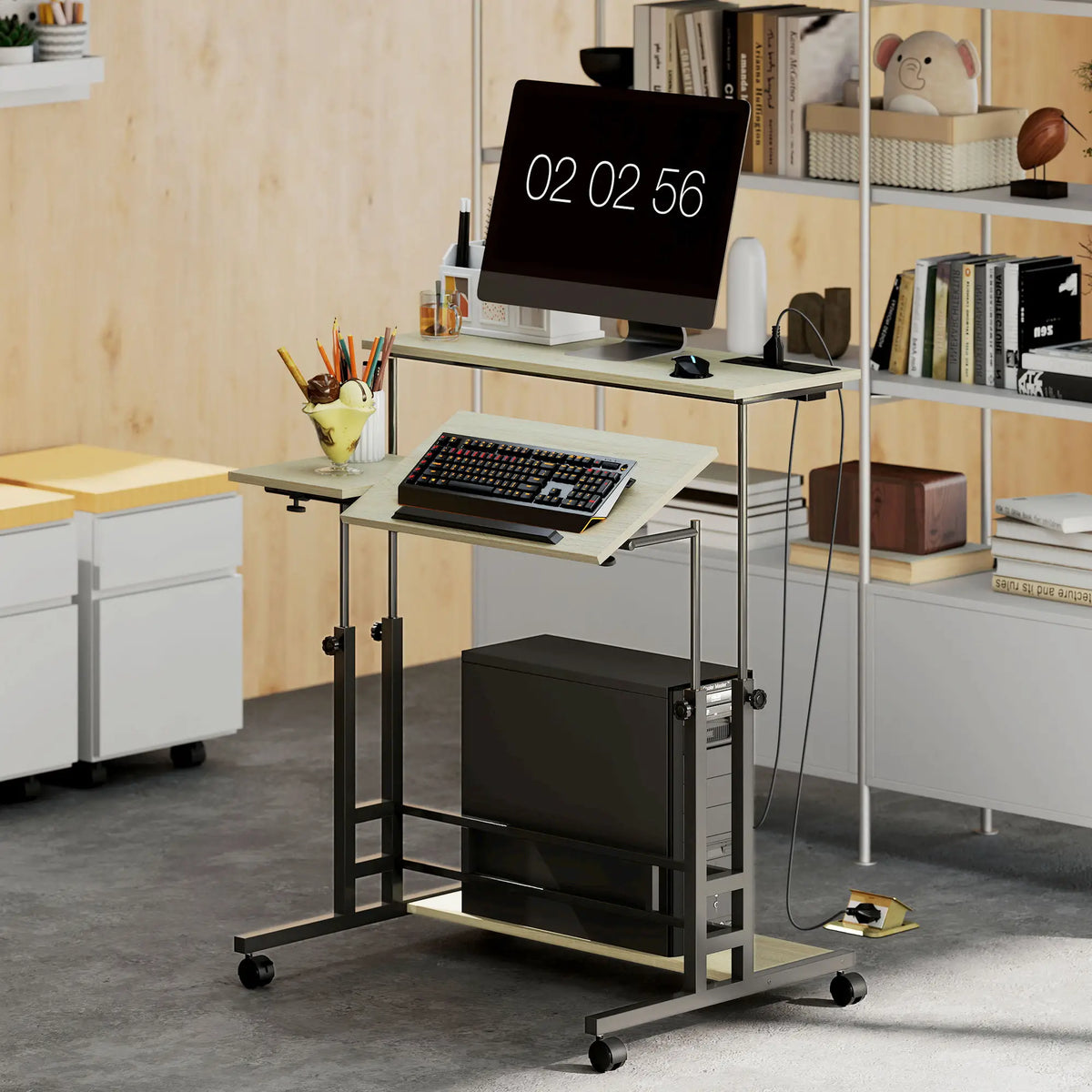 Manual Height Adjustable Standing Desk, Oak Three-Panel Tiltable Desktop Desk with Built-in Charging Station, Lockable Caster Wheels for Home Office Studio Classroom