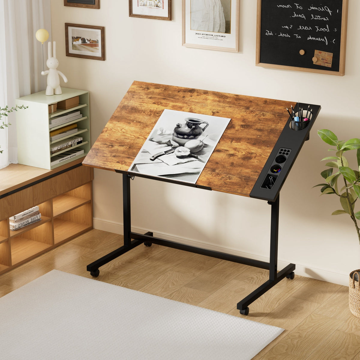 VECELO Drafting Table with Wheels, Adjustable Drawing Table Tiltable Painting Desk Workstation with Pencil Ledge for Artists, Brown