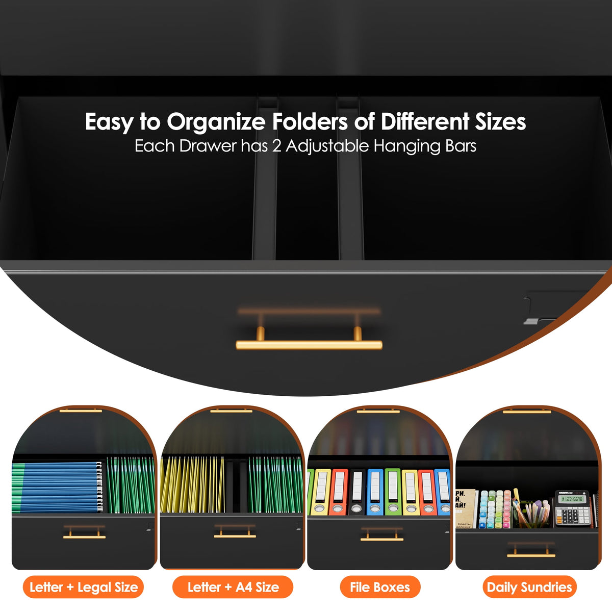 Aobabo 3 Drawer Metal Lateral File Cabinet with Wheels & Shelf , Wide Filing Cabinet with Lock for Office,Home,School,Garage,Fit A4/Letter/Legal File,Required-Assembly,Black