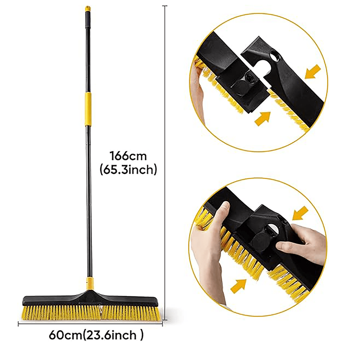 Yocada Heavy Duty Push Broom Brush 24" Wide with 65.3" Iron Pole for Outdoor Indoor Cleaning, Yellow