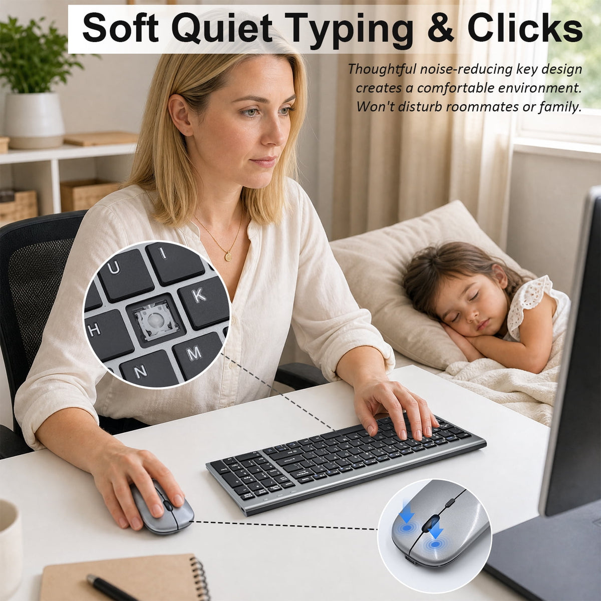 SANPTENT Slim Wireless Keyboard and Mouse Combo, Sleek Design, Rechargeable, Sleep Mode for Windows, Mac, Laptop, Space Gray