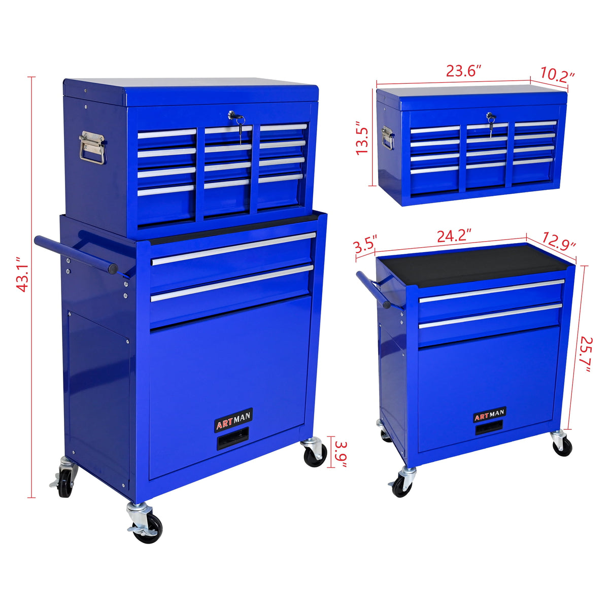 ARTMAN 2-IN-1 Tool Chest,8-Drawer High Capacity Tool Box, Rolling Tool Storage Cabinet with Wheels and Drawers for Garage Workshop Repair Shop