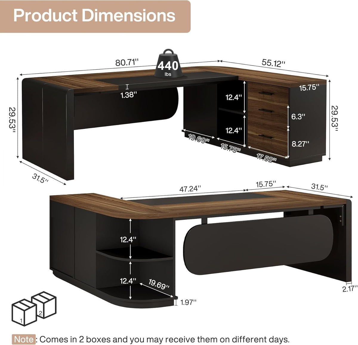Finmind 80" L-Shaped Desk, Large Executive Office Desk with 55'' Drawers Cabinet