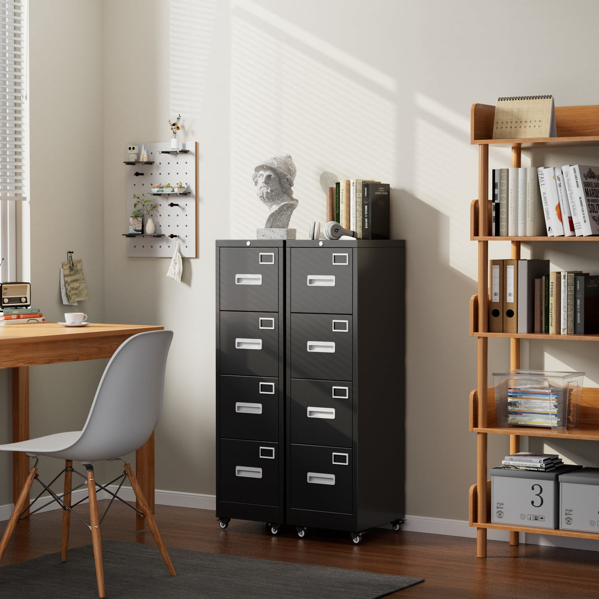 SUPEER 56"H 4 Drawer File Cabinets with Wheels, Metal Vertical File Storage Cabinet for Office Home, A4 Letter /Legal Size, , Assembly Required (Black）