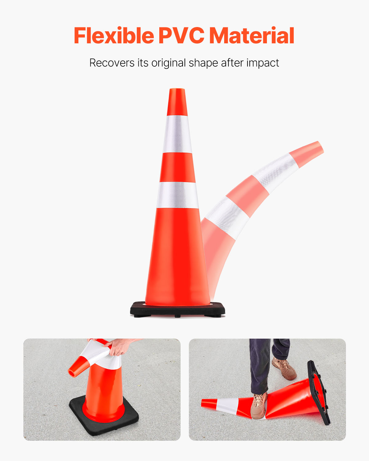 VEVOR 6Pack 36" Traffic Cones, Safety Road Parking Cone with Black Weighted Base, PVC Orange Traffic Safety Cones, Hazard Cones Reflective Collars for Construction Traffic Parking