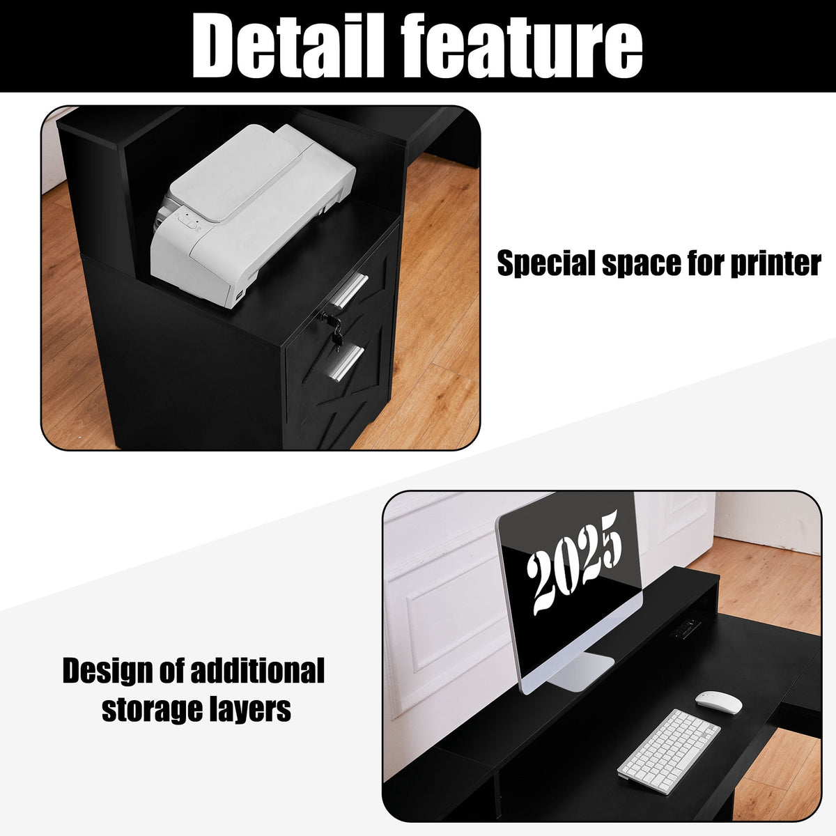 58.2 Inch L-Shaped Executive Desk with Drawers & Storage Shelf, Corner Computer Desk with Power Outlets, Monitor Stand & Printer Shelf