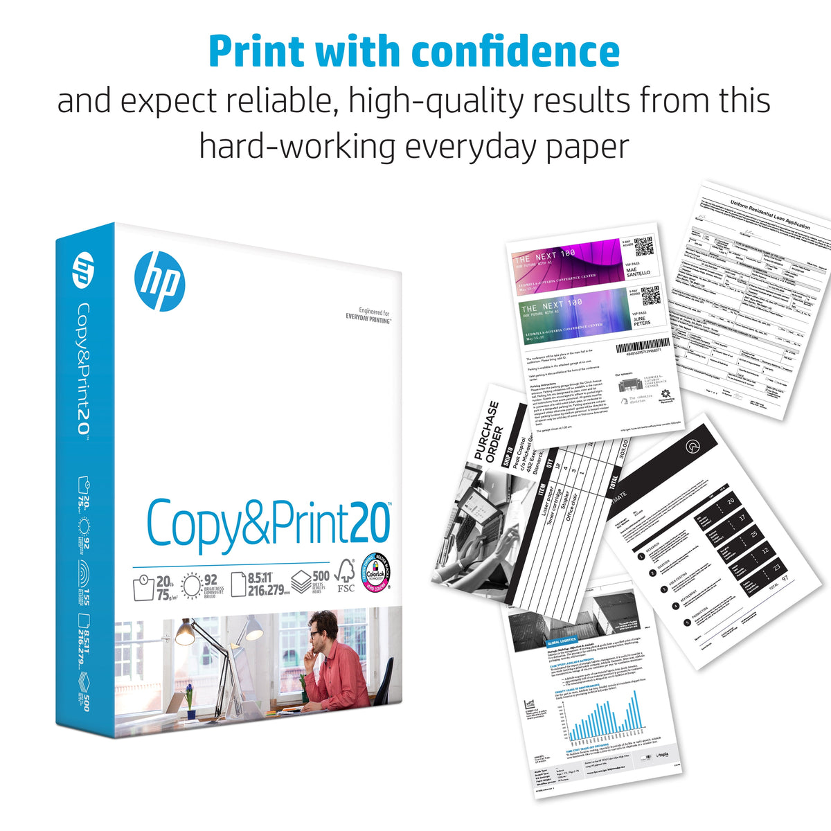 HP Printer Paper - Copy and Print, 20 lb., 8.5" x 11", 2,400 Sheets, 6 Pack, White