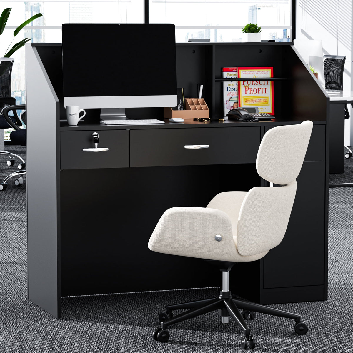 AHB 50-inch Reception Desk with Counter, Front Desk Office Desk with Storage Shelves, Black