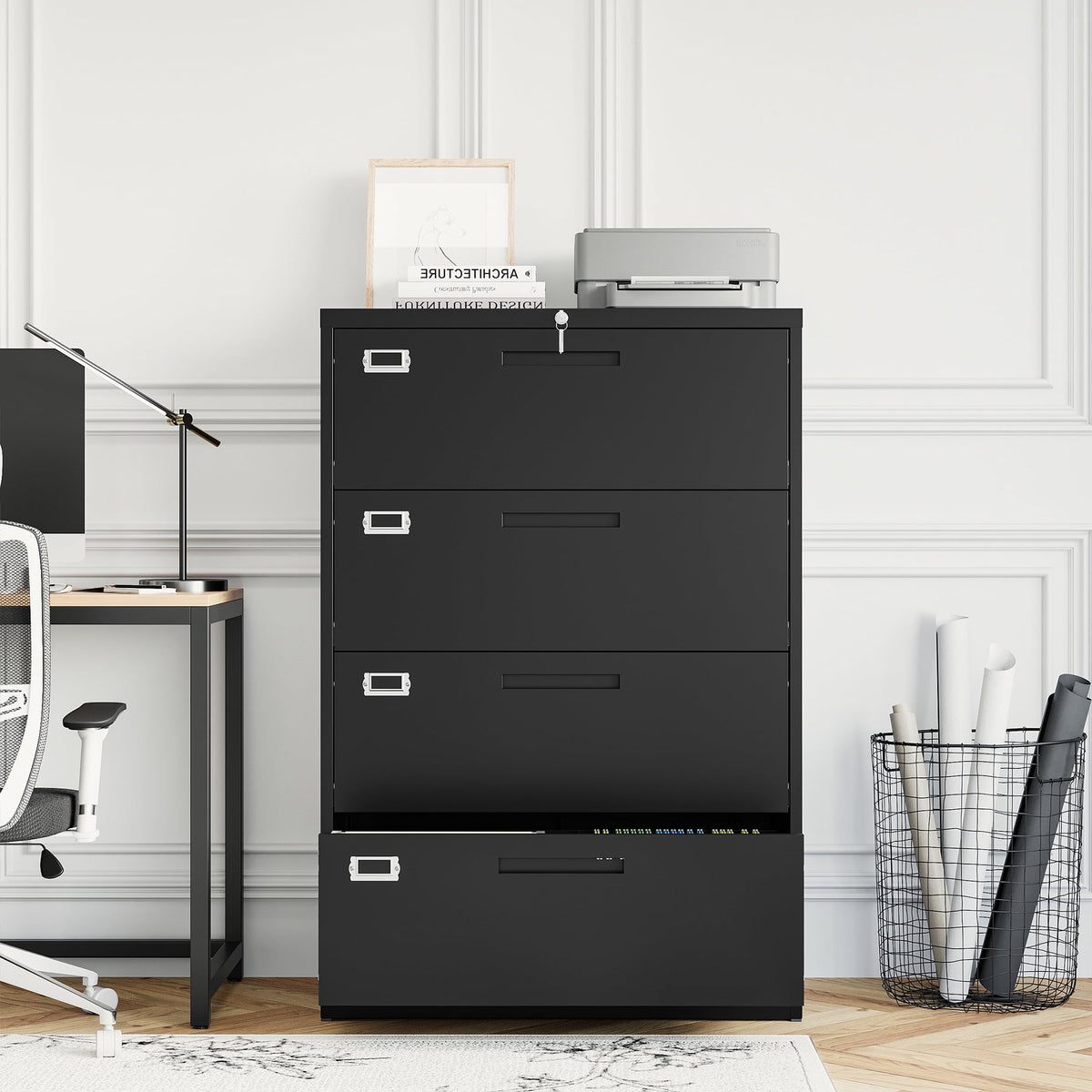 Fesbos Metal Lateral File Cabinets with Lock, 4 Drawer 28.5" Wide Filing Cabinets,Hanging Letter/Legal/F4/A4 Size, Assembly Required - Black