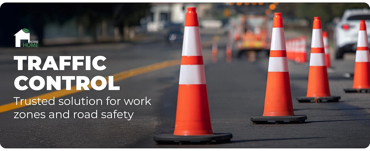 EconoHome 28-Inch Tall, 8-Pack Reflective Traffic Cones - 5.3 lbs Weighted Orange Safety Cones for Parking Lot, Traffic Control, Construction, Road Safety - Heavy Duty Square Base, Flexible PVC