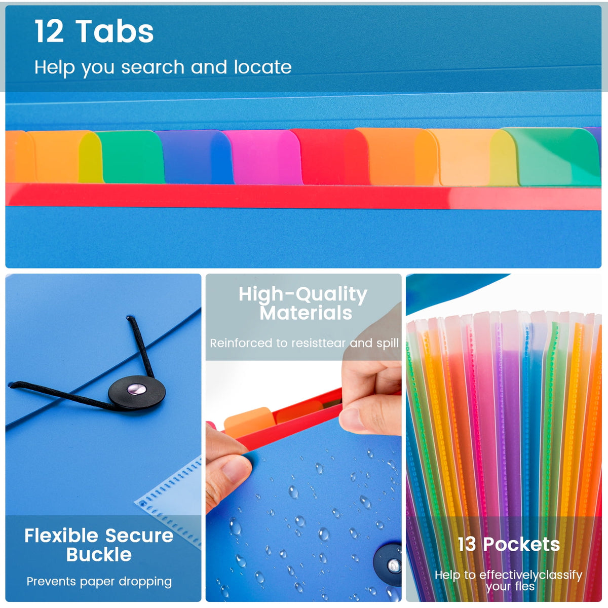 Accordion File Folder, 13-Pockets Expandable File Folder for A4 Letter Size Paper, Blue