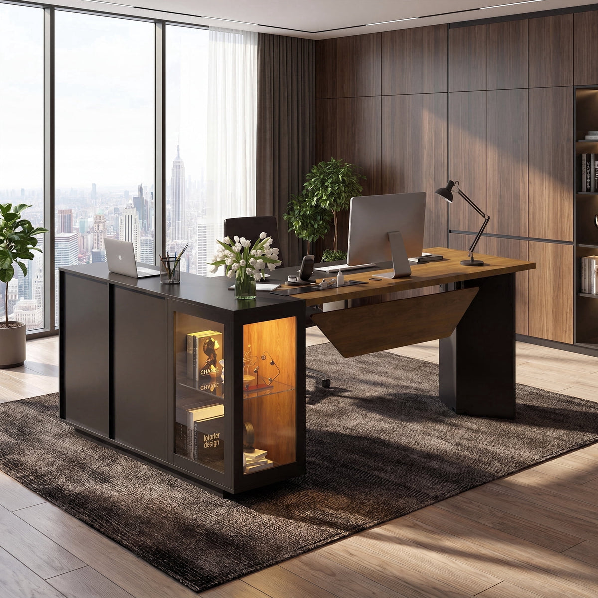 Advwin Modern 74.4" L-Shaped Executive Desk with Display Cabinet & Power Outlet, Large Luxury Office Desk Corner Workstation with File Drawer & LED Light, Black+Brown