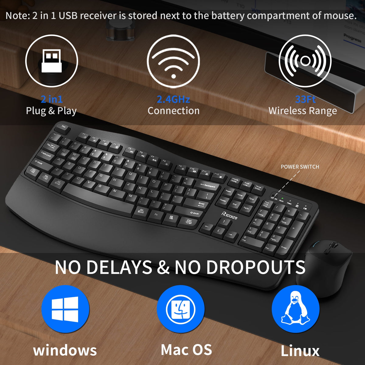RECCAZR Advanced Combo Wireless Keyboard and Mouse, Wave Keys Ergonomic Keyboard with Wrist Rest and 3-Level DPI Adjustable Wireless Ergonomic Mouse for Windows, Mac OS Desktop/Laptop/PC(Black)