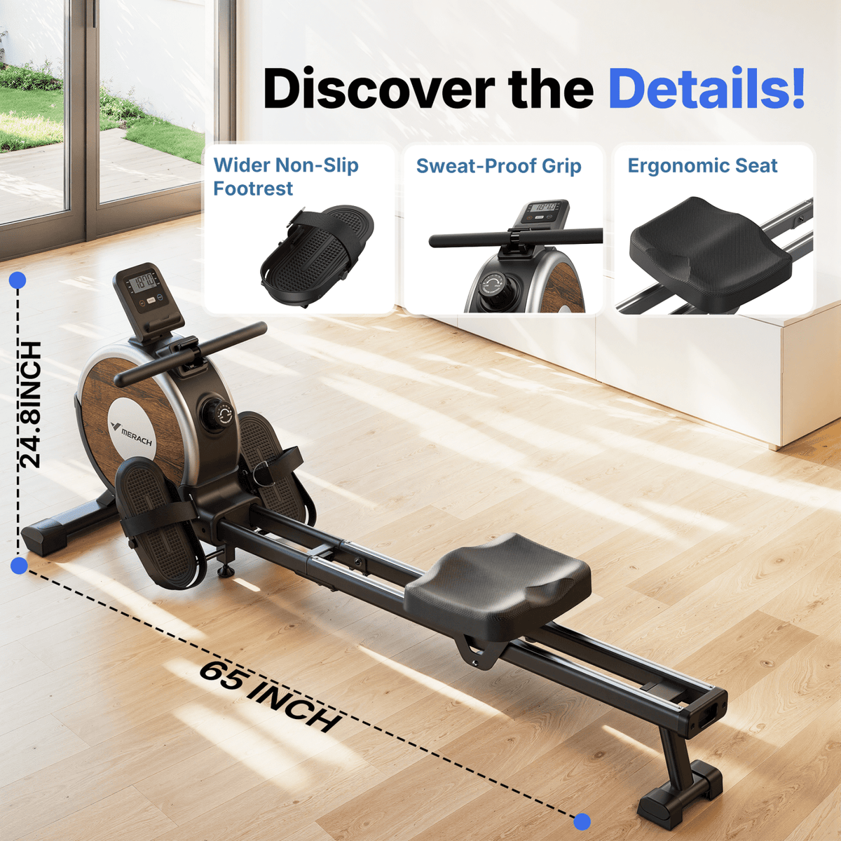 MERACH Magnetic Rowing Machine 350lbs Weight Capacity, 16 Levels of Quiet Resistance, Bluetooth Rowing Machine for Home Workout