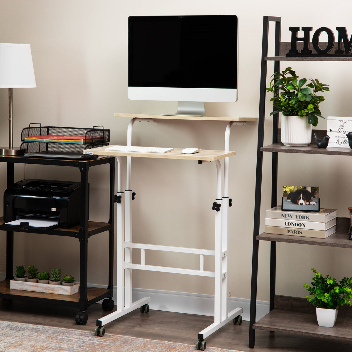 Mind Reader Standing Desk, Adjustable Height Laptop Workstation, Portable Rolling Desk on Wheels, Two-Tier Metal Frame, White