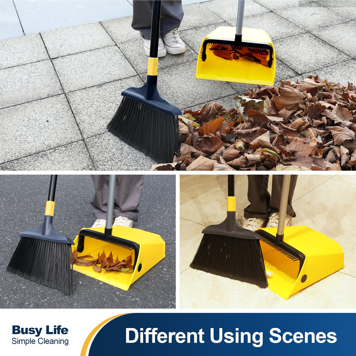 Yocada Heavy Duty Broom and Dustpan 2+1 Set 54" Iron Pole for Household Commercial Yellow&Black