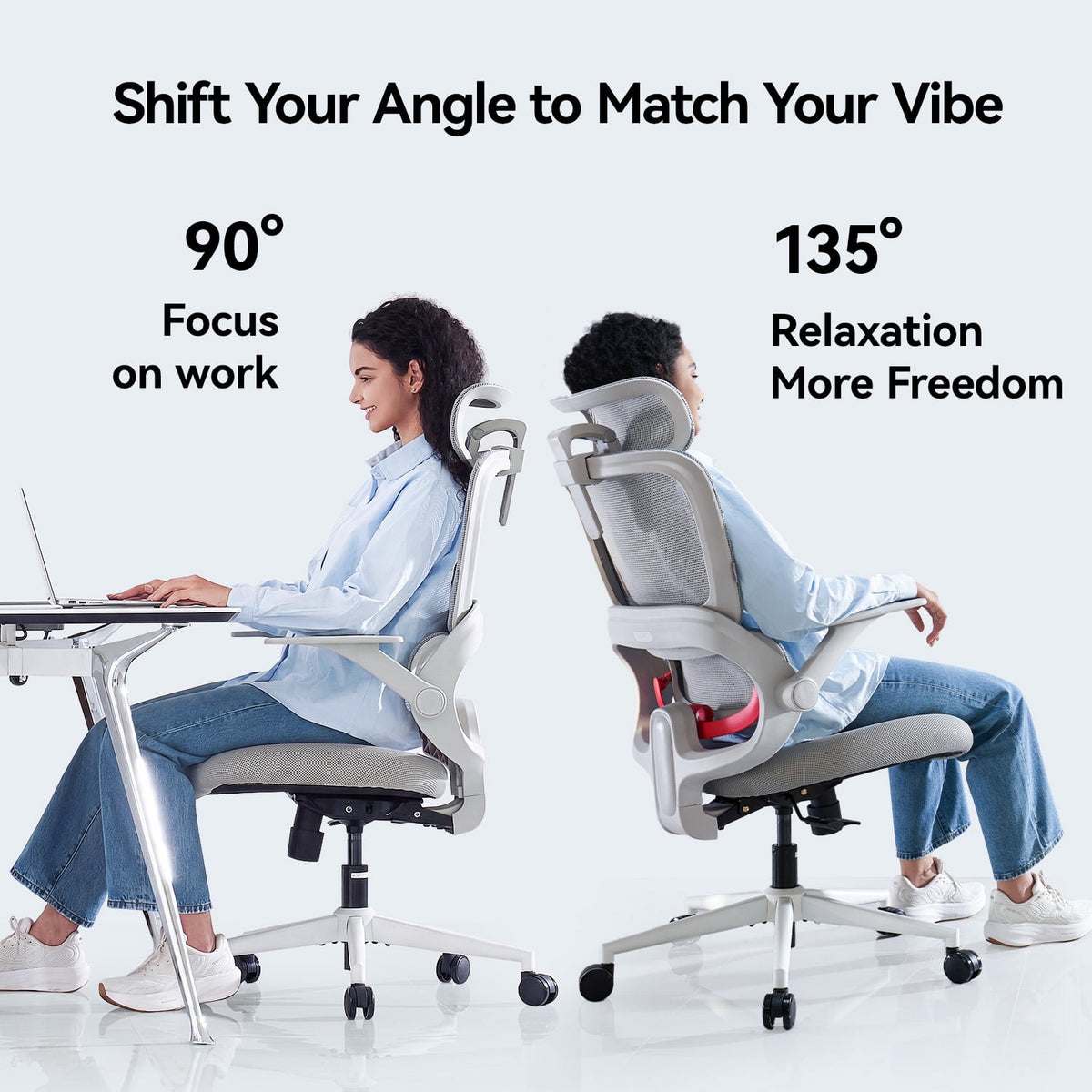SIHOO B100 Se Office Chair, Deak Chairs with Cotton Seat & Dual-Back, 2D Headrest & Flip-up Armrest, Comfort Mesh Ergonomic Chair for Home Office, Teen, 300lbs, Light Gray