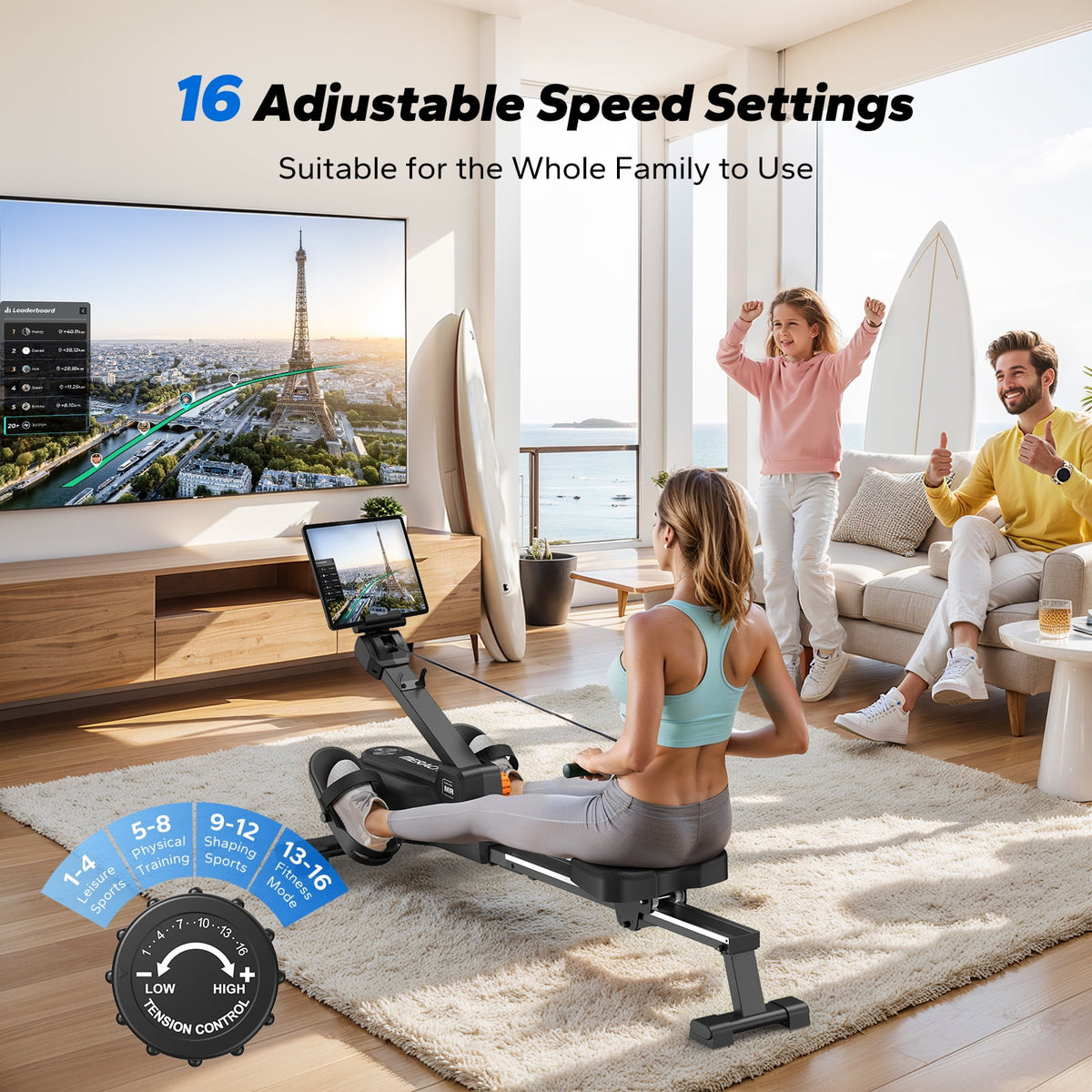 MERACH Magnetic Rowing Machine with 16 Levels, 350 lbs Weight Capacity, Silent Operation, Bluetooth App Support for Full-Body Home Fitness & Weight Loss