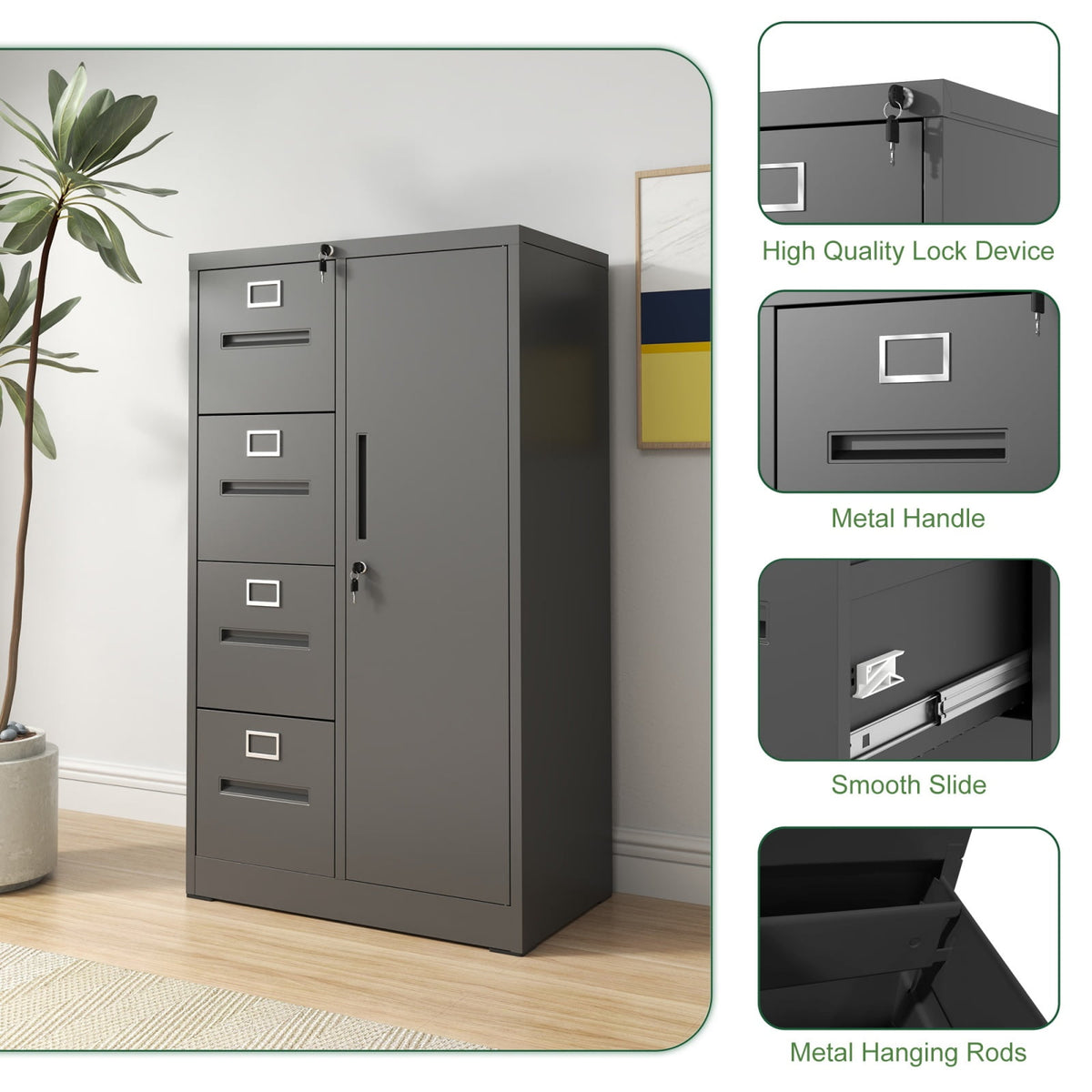 Metal Storage Vertical Filing Cabinet with Lock, Steel File Locker with 4 Drawers and 1 door for School, Living Room, Bedroom, Office