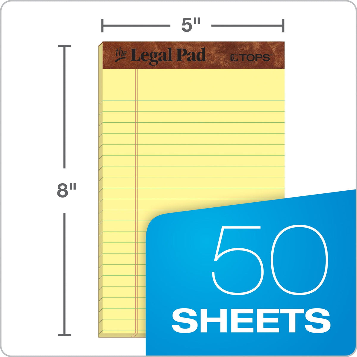 TOPS The Legal Pad Writing Pads, 5" x 8", Jr. Legal Rule, Canary Paper, 50 Sheets, 3 Pack (75013)