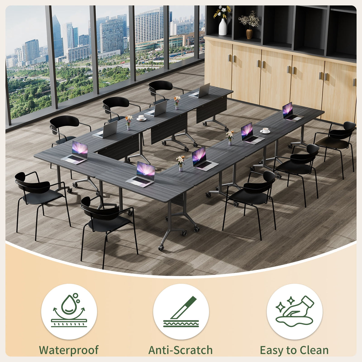 Folding Conference Room Tables with Silent Wheels, 6-12 Person Modern Foldable Modular Meeting Training desk for Office Seminar Boardroom (61 Ebony 8)